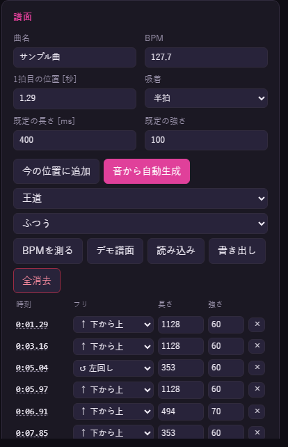 音から自動生成した直後の譜面。BPM と1拍目が入り、フリが並ぶ
